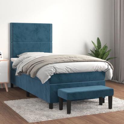 Pat box spring cu saltea, albastru închis, 100x200 cm, catifea GartenMobel Dekor