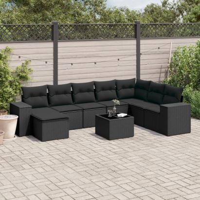 Set mobilier de grădină cu perne, 9 piese, negru, poliratan GartenMobel Dekor
