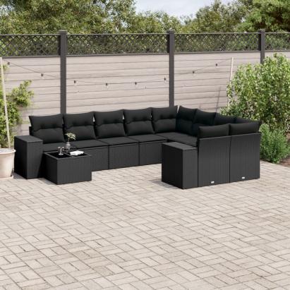 Set canapele de grădină cu perne, 10 piese, negru, poliratan GartenMobel Dekor