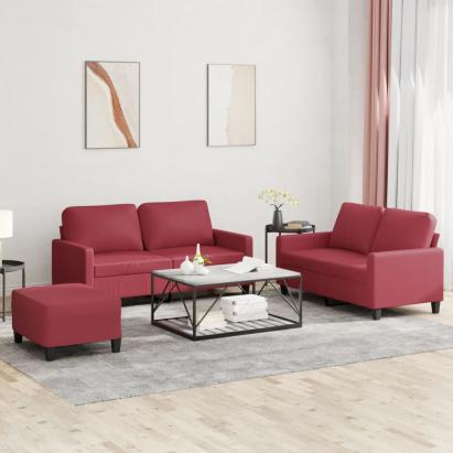 Set de canapele cu perne, 3 piese, roșu vin, piele ecologică GartenMobel Dekor