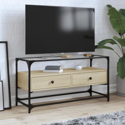 Dulap TV blat sticlă, stejar sonoma, 98x35x51 cm lemn prelucrat GartenMobel Dekor