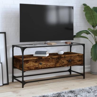 Dulap TV blat sticlă stejar fumuriu 98x35x51 cm lemn prelucrat GartenMobel Dekor