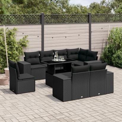 Set mobilier de grădină cu perne, 9 piese, negru, poliratan GartenMobel Dekor