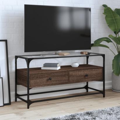 Dulap TV blat sticlă, stejar maro, 98x35x51 cm lemn prelucrat GartenMobel Dekor
