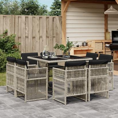 Set mobilier grădină cu perne, 9 piese, gri deschis, poliratan GartenMobel Dekor