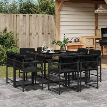 Set mobilier de grădină cu perne, 9 piese, negru, poliratan GartenMobel Dekor