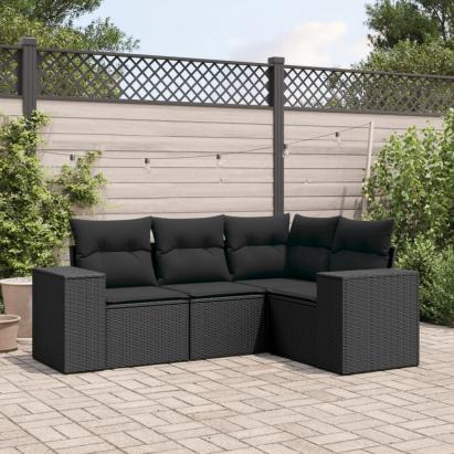 Set mobilier de grădină cu perne, 4 piese, negru, poliratan GartenMobel Dekor