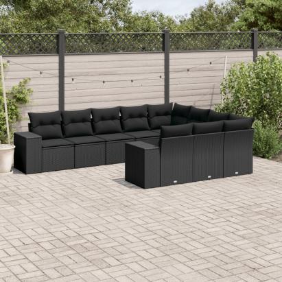 Set canapele de grădină cu perne, 10 piese, negru, poliratan GartenMobel Dekor