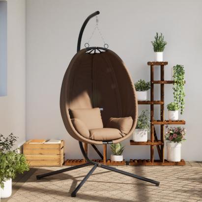 Scaun suspendat tip ou, cu suport, taupe, țesătură și oțel GartenMobel Dekor