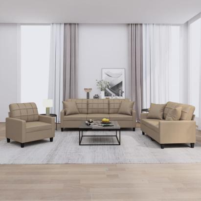 Set de canapele cu perne, 3 piese, cappuccino, piele ecologică GartenMobel Dekor