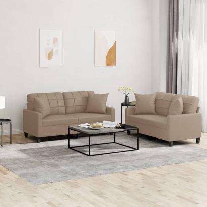 Set de canapele cu perne, 2 piese, cappuccino, piele ecologică GartenMobel Dekor