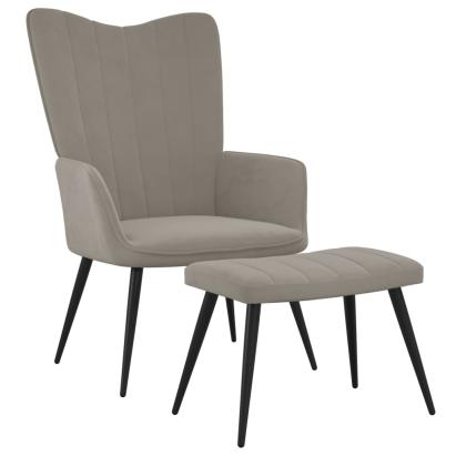 Scaun de relaxare cu taburet, gri deschis, catifea GartenMobel Dekor