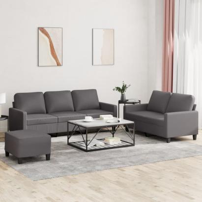 Set de canapele cu perne, 3 piese, gri, piele ecologică GartenMobel Dekor