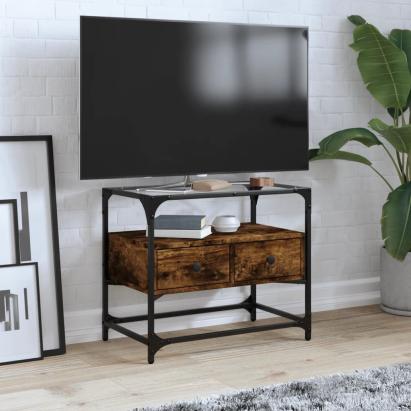 Dulap TV blat sticlă stejar fumuriu 60x35x51 cm lemn prelucrat GartenMobel Dekor