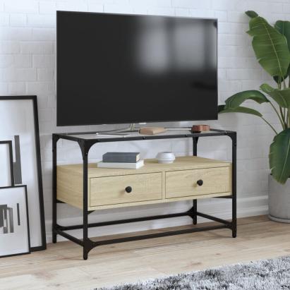 Dulap TV blat sticlă, stejar sonoma, 80x35x51 cm lemn prelucrat GartenMobel Dekor