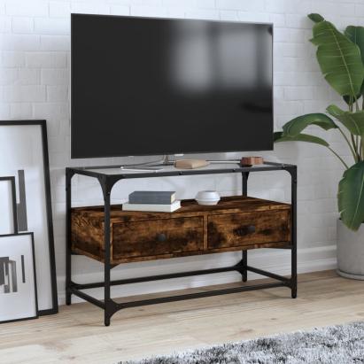 Dulap TV blat sticlă stejar fumuriu 80x35x51 cm lemn prelucrat GartenMobel Dekor