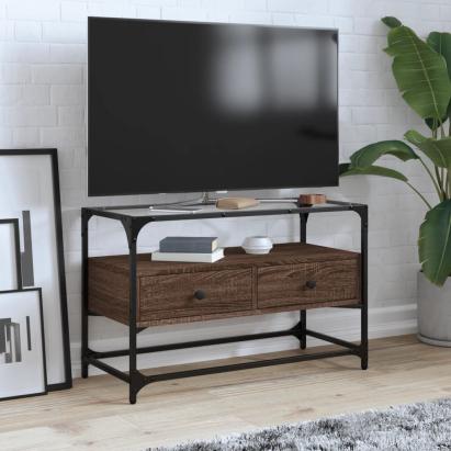 Dulap TV blat sticlă, stejar maro, 80x35x51 cm lemn prelucrat GartenMobel Dekor
