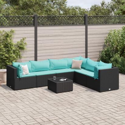 Set mobilier de grădină cu perne, 7 piese, negru, poliratan GartenMobel Dekor