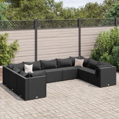Set mobilier de grădină cu perne, 9 piese, negru, poliratan GartenMobel Dekor