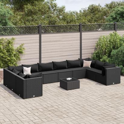 Set mobilier de grădină cu perne, 11 piese, negru, poliratan GartenMobel Dekor