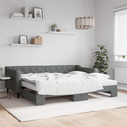 Pat de zi cu extensie și saltele, gri închis, 90x200 cm, textil GartenMobel Dekor