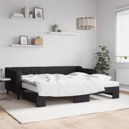 Pat de zi cu extensie și saltele, negru, 90x200 cm, textil GartenMobel Dekor