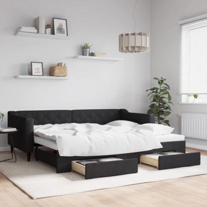 Pat de zi cu extensie și sertare, negru, 90x200 cm, textil GartenMobel Dekor