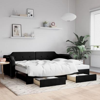 Pat de zi cu extensie și sertare, negru, 90x200 cm, textil GartenMobel Dekor
