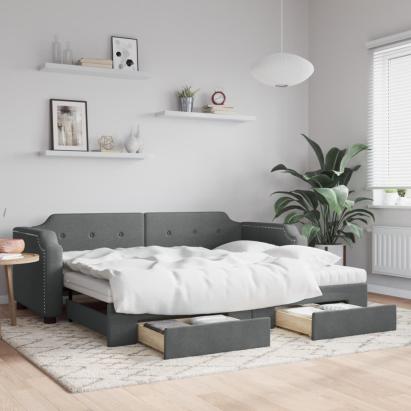 Pat de zi cu extensie și sertare, gri închis, 90x200 cm textil GartenMobel Dekor