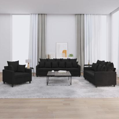 Set de canapele cu perne, 3 piese, negru, catifea GartenMobel Dekor
