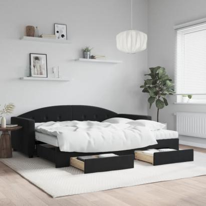 Pat de zi cu extensie și sertare, negru, 90x200 cm, catifea GartenMobel Dekor