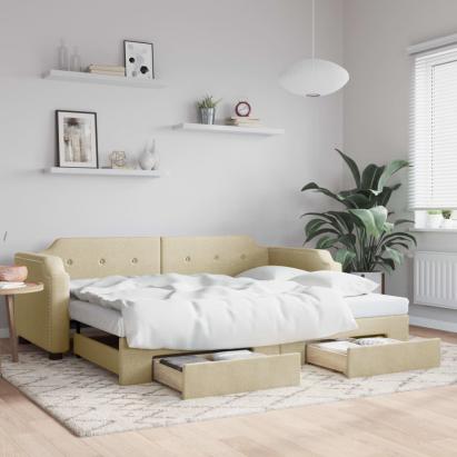 Pat de zi cu extensie și sertare, crem, 80x200 cm, textil GartenMobel Dekor