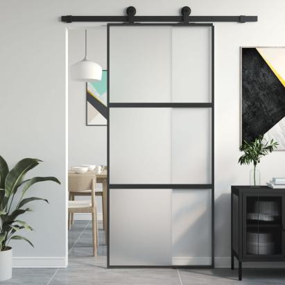 Ușă glisantă, negru, 90x205 cm, sticlă securizată și aluminiu GartenMobel Dekor