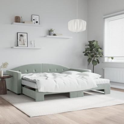 Pat de zi cu extensie și saltele gri deschis 100x200 cm catifea GartenMobel Dekor