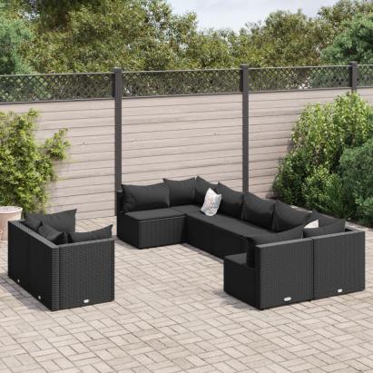 Set mobilier de grădină cu perne, 9 piese, negru, poliratan GartenMobel Dekor