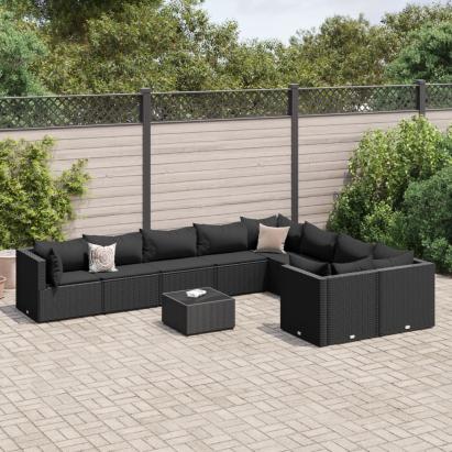 Set canapele de grădină cu perne, 10 piese, negru, poliratan GartenMobel Dekor