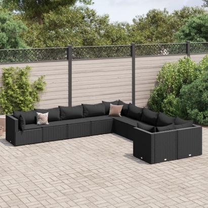 Set canapele de grădină cu perne, 10 piese, negru, poliratan GartenMobel Dekor