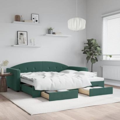 Pat de zi cu extensie și sertare verde închis 90x200 cm catifea GartenMobel Dekor