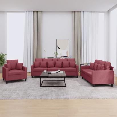 Set canapea cu perne, 3 piese, roșu vin, material textil GartenMobel Dekor