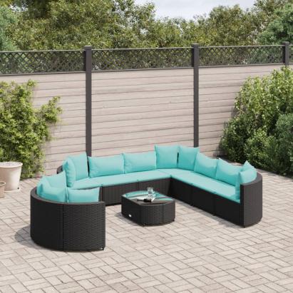 Set canapele de grădină cu perne, 10 piese, negru, poliratan GartenMobel Dekor