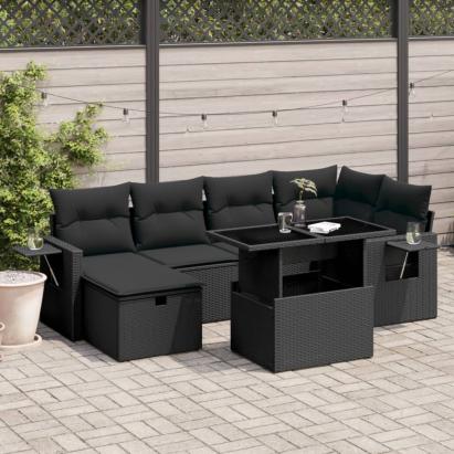 Set canapele de grădină cu perne, 7 piese, negru, poliratan GartenMobel Dekor