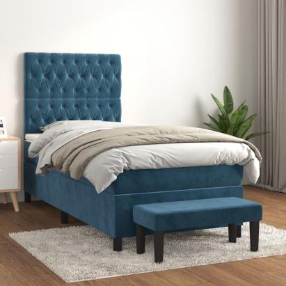 Pat box spring cu saltea, albastru închis, 90x200 cm, catifea GartenMobel Dekor