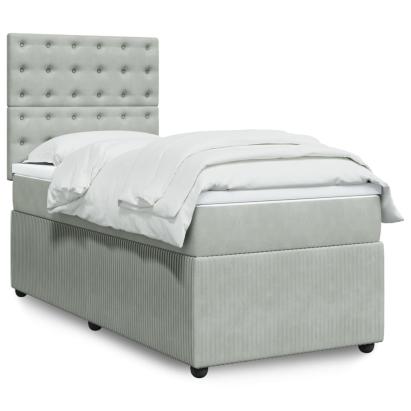 Pat box spring cu saltea, gri deschis, 90x190 cm, catifea GartenMobel Dekor