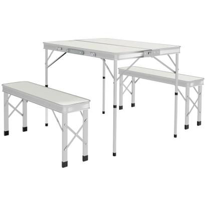 Set mobilier gradina/terasa, pliabil, 1 masa, 2 banci, MDF si aluminiu, alb, 90 cm, Frankfurt GartenVIP DiyLine