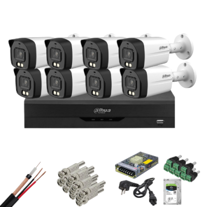 Sistem supraveghere complet 8 camere Dahua 8MP Smart Dual Light 40m microfon, DVR 8 canale, HDD si accesorii instalare incluse SafetyGuard Surveillance