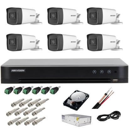 Sistem complet supraveghere 5 MP Hikvision Turbo HD cu 6 camere Bullet IR 40 m, sursa alimentare, HDD 1TB, full accesorii SafetyGuard Surveillance