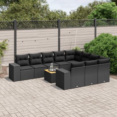 Set canapele de grădină cu perne, 11 piese, negru, poliratan GartenMobel Dekor