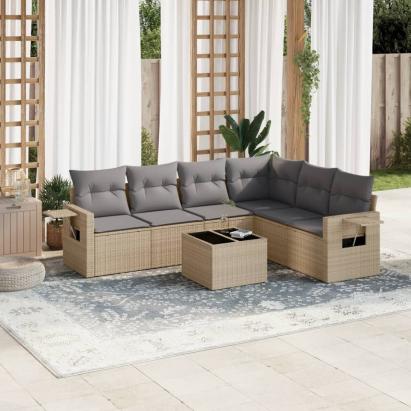 Set canapele de grădină, 7 piese, cu perne, bej, poliratan GartenMobel Dekor