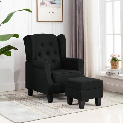 Fotoliu cu taburet pentru picioare, negru, material textil GartenMobel Dekor