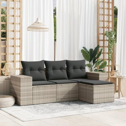Set canapea de grădină cu perne, 4 piese, gri deschis poliratan GartenMobel Dekor